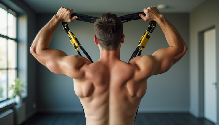 Eye-level view of a person performing shoulder stretches with a resistance band in a bright room