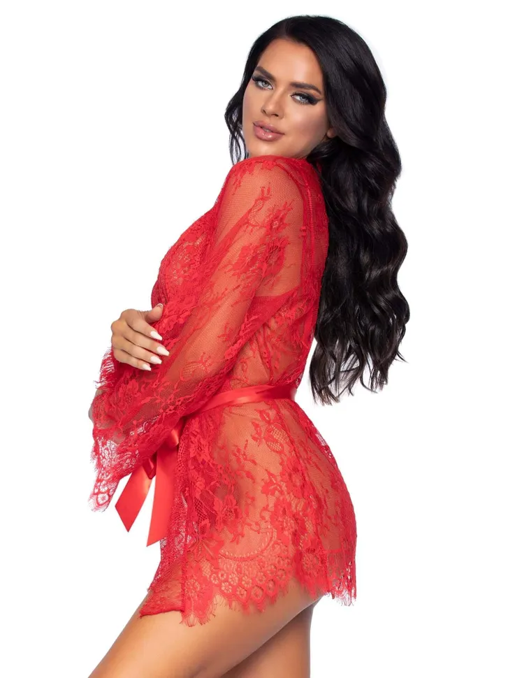 Thumbnail: Sexy Robe - 3 Piece Red Lace Teddy and Robe Set