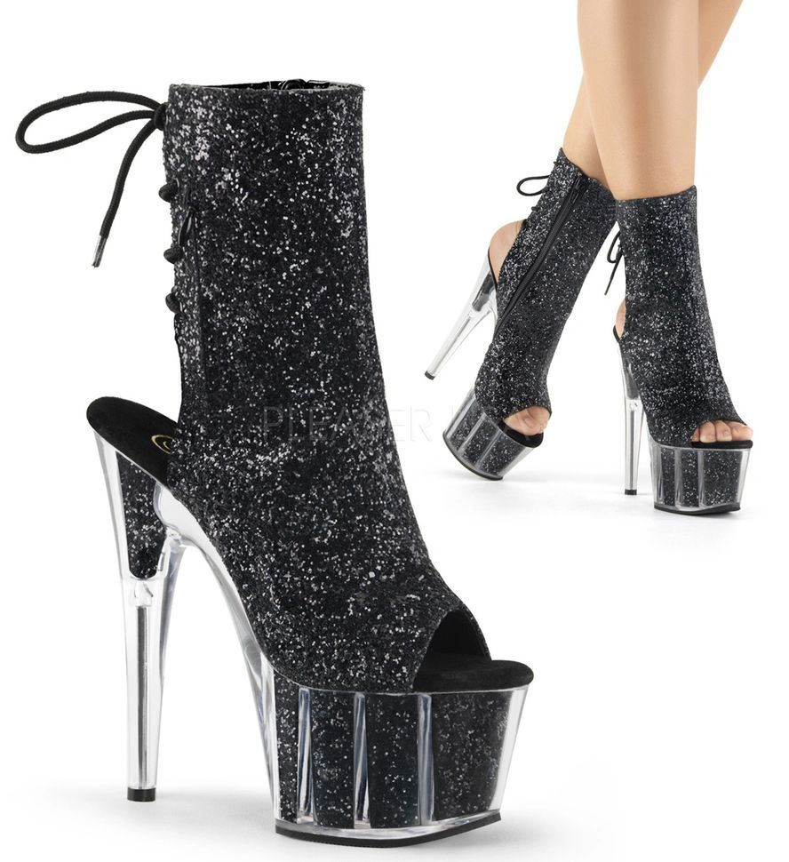 Pleaser ADO1018/G/B/M 7" Open Toe Black Glitter Filled Ankle Boots