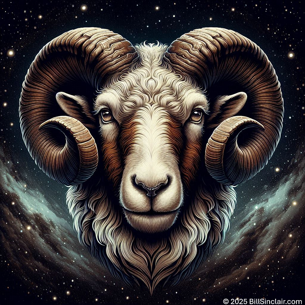 Ram's Head floating in the cosmos looking directly at the reader with a focused gaze.