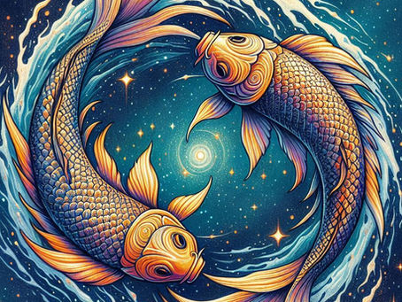 Two vibrant, swirling koi fish form a yin-yang pattern in a starry cosmic setting, showcasing bold orange and blue hues, exuding harmony.