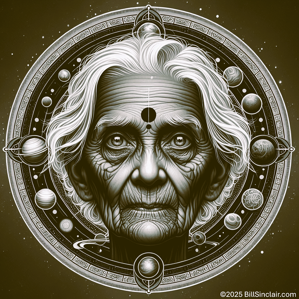 A black and white image of an old person staring directly at the viewer. This represents the planet Saturn and image is ringed by planets.