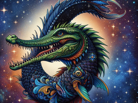 A colorful, mythical creature with the head of an alligator and the body of a fish with intricate scales loops in a starry cosmic background. The creature's vibrant greens, blues, and oranges stand out.