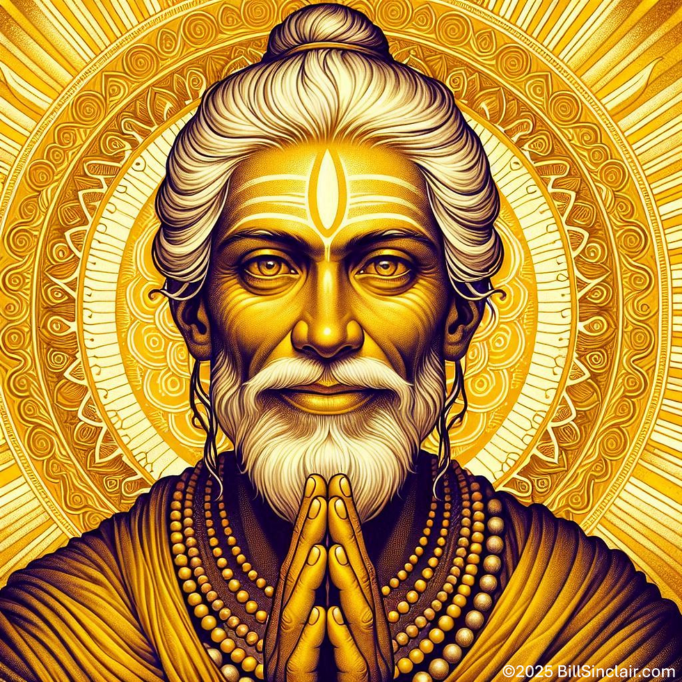 Ancient Rishi looking at the viewer offering blessing through joined hands on a field of golden light