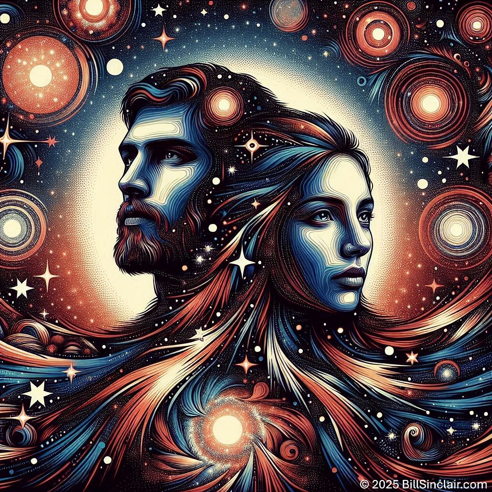 Picture of a Man and Woman sitting back to back surrounded by a cosmic swirl of the universe
