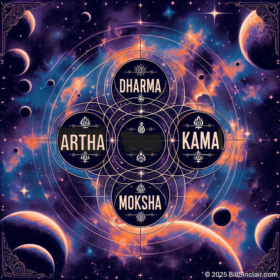 A Geometric design superimposed an a blue and back cosmic background with planets and stars. The words Dharma, Kama, Artha and Moksha appear in the Geometric design