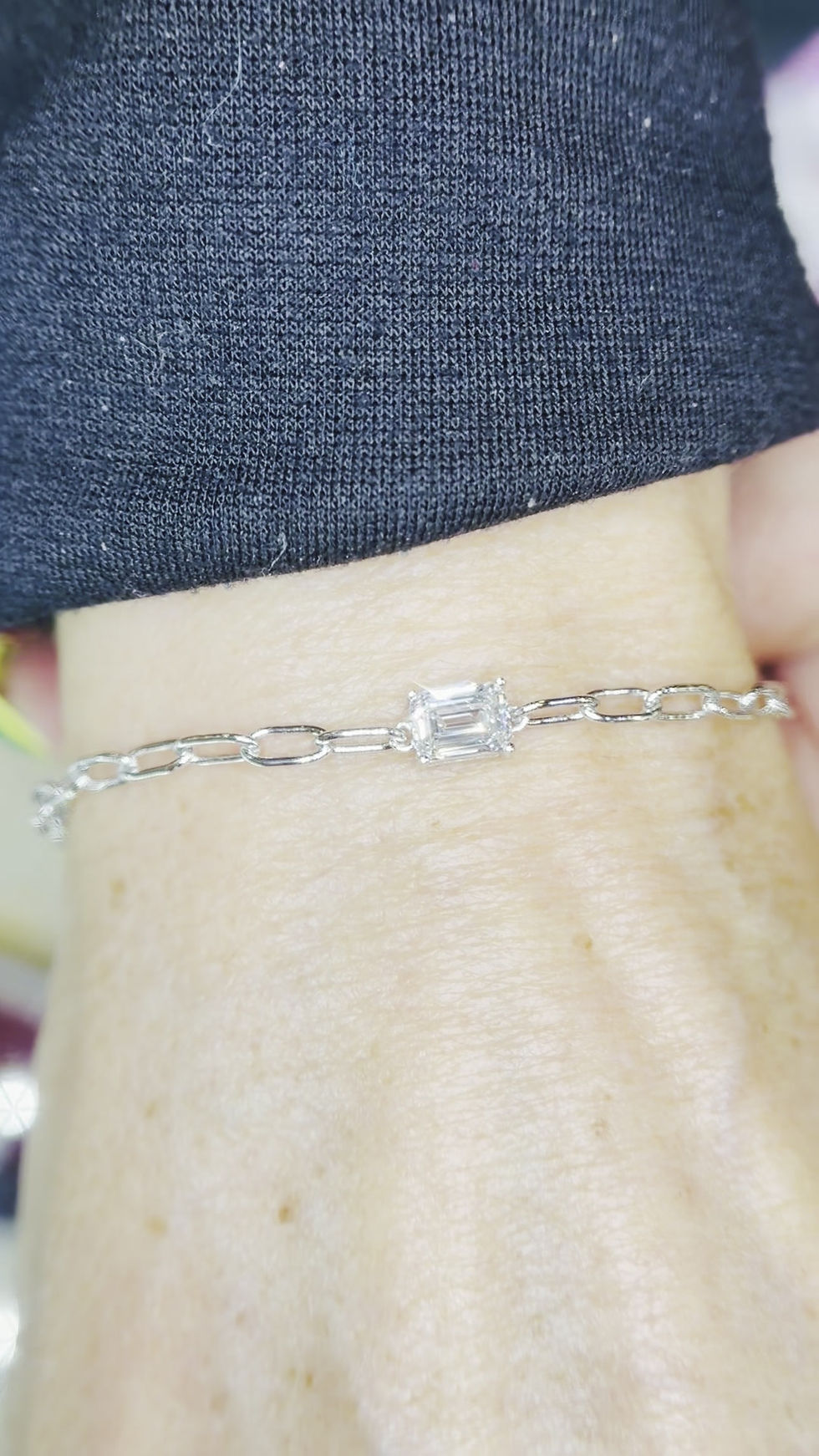 Thumbnail: 1ct Lab-Grown Emerald Cut Diamond Paper Clip Bracelet | VS–EF | .925 Sterling Si