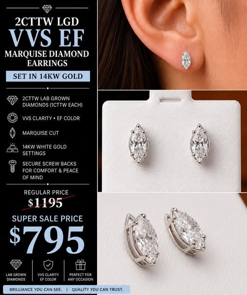 Marquise lab-grown diamond earrings in 14k white gold