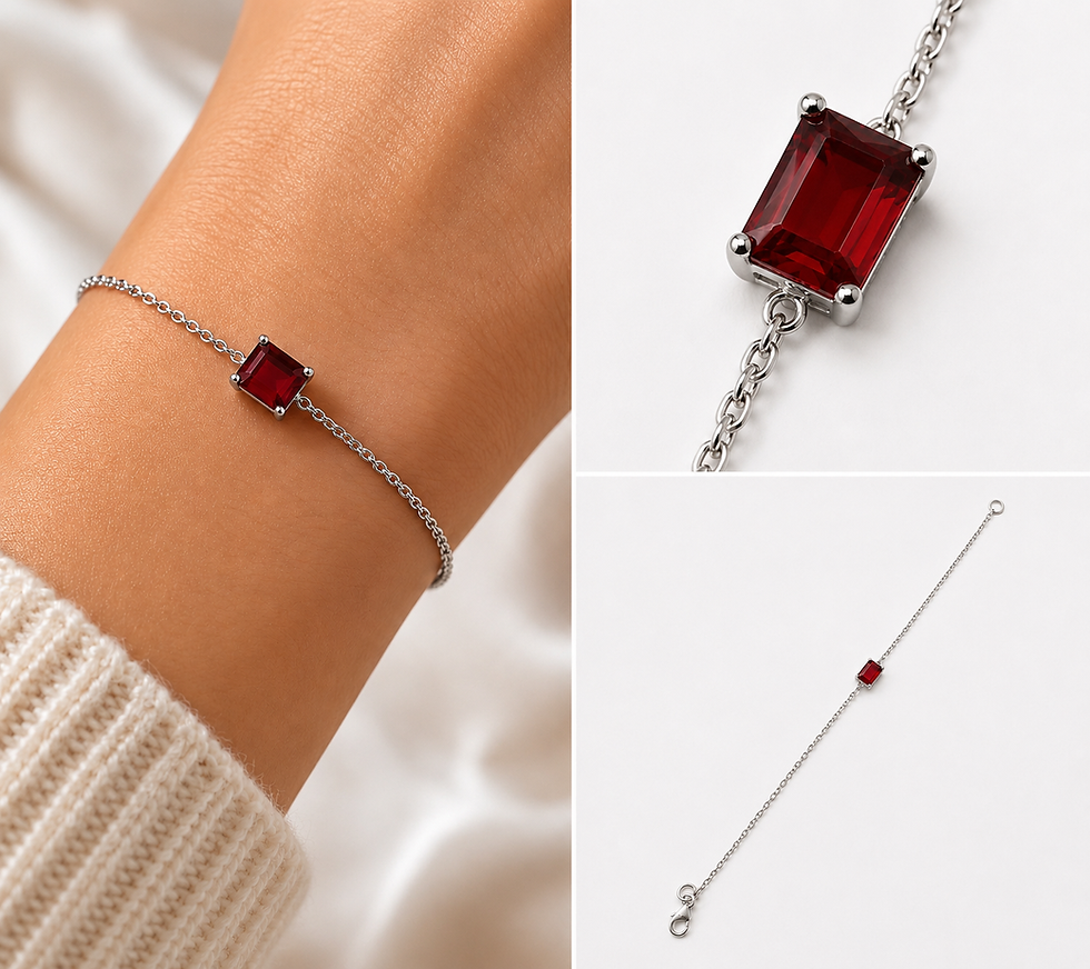 Thumbnail: Silver bracelet with emerald-cut red gemstone on wrist