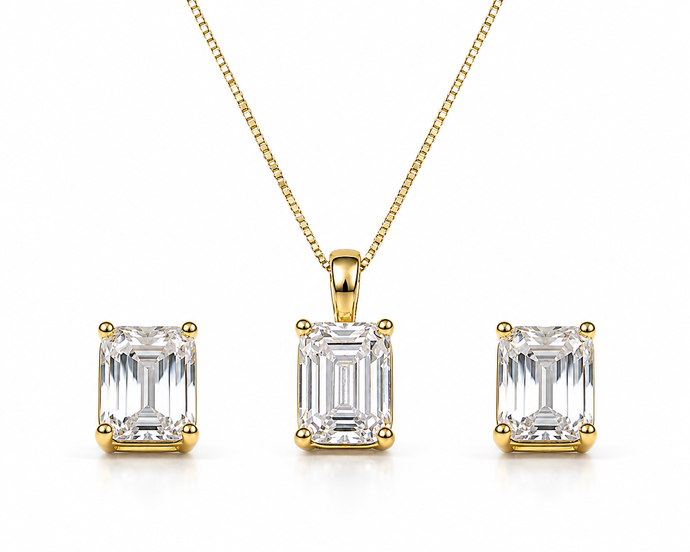 Emerald cut diamond pendant and stud earrings in yellow gold