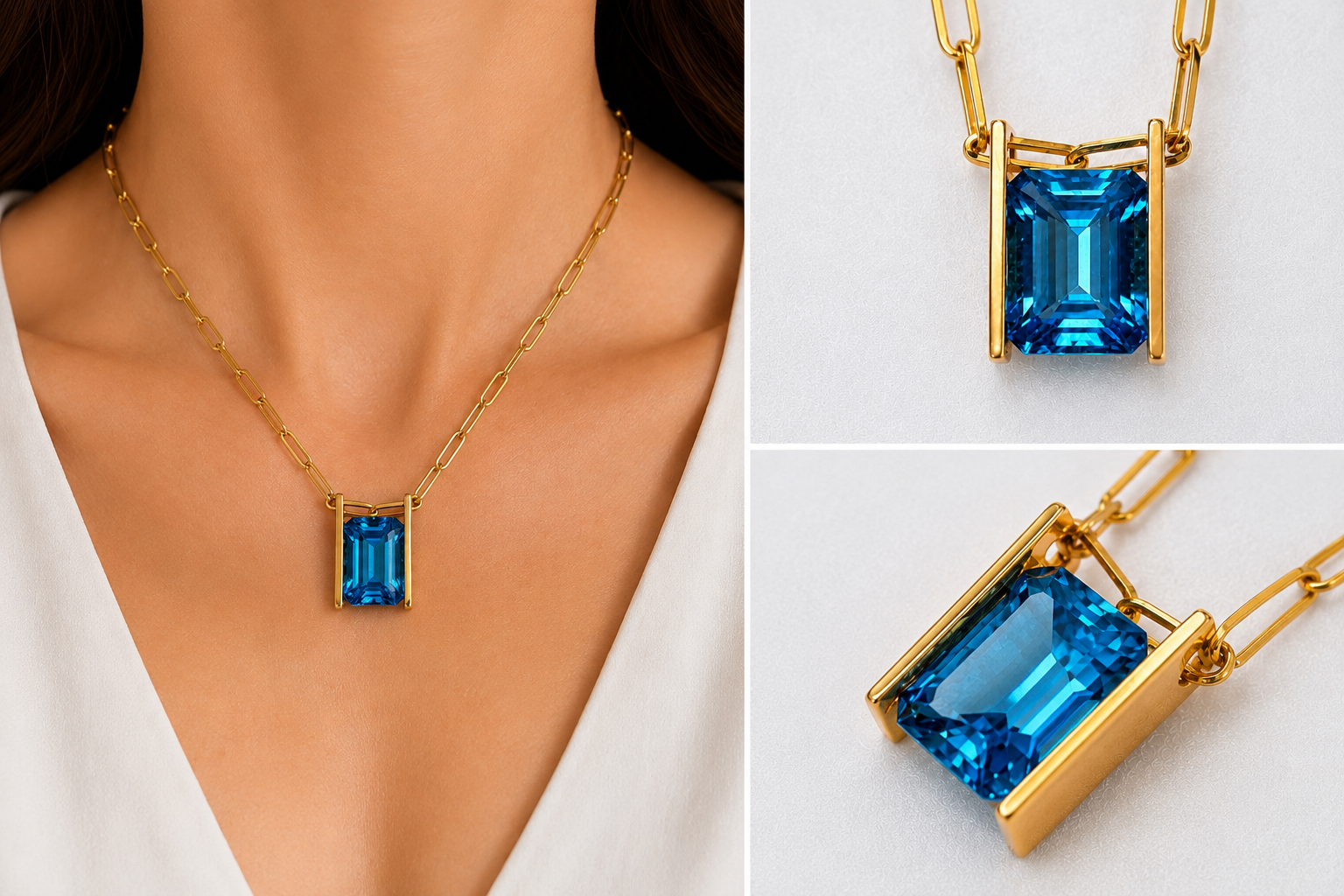 Natural Blue Topaz Pendant & Paperclip Necklace in 10K Yellow Gold