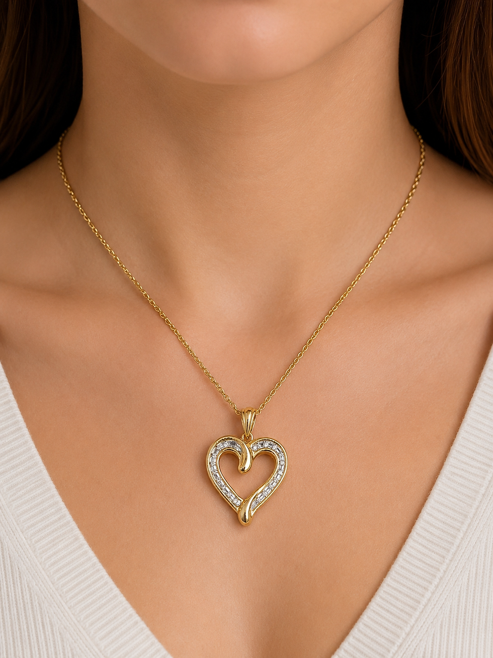 Thumbnail: Gold heart pendant necklace with diamonds on a woman.