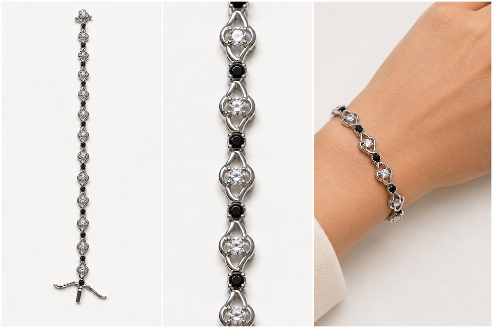 Thumbnail: Sterling silver diamond and black stone bracelet on wrist