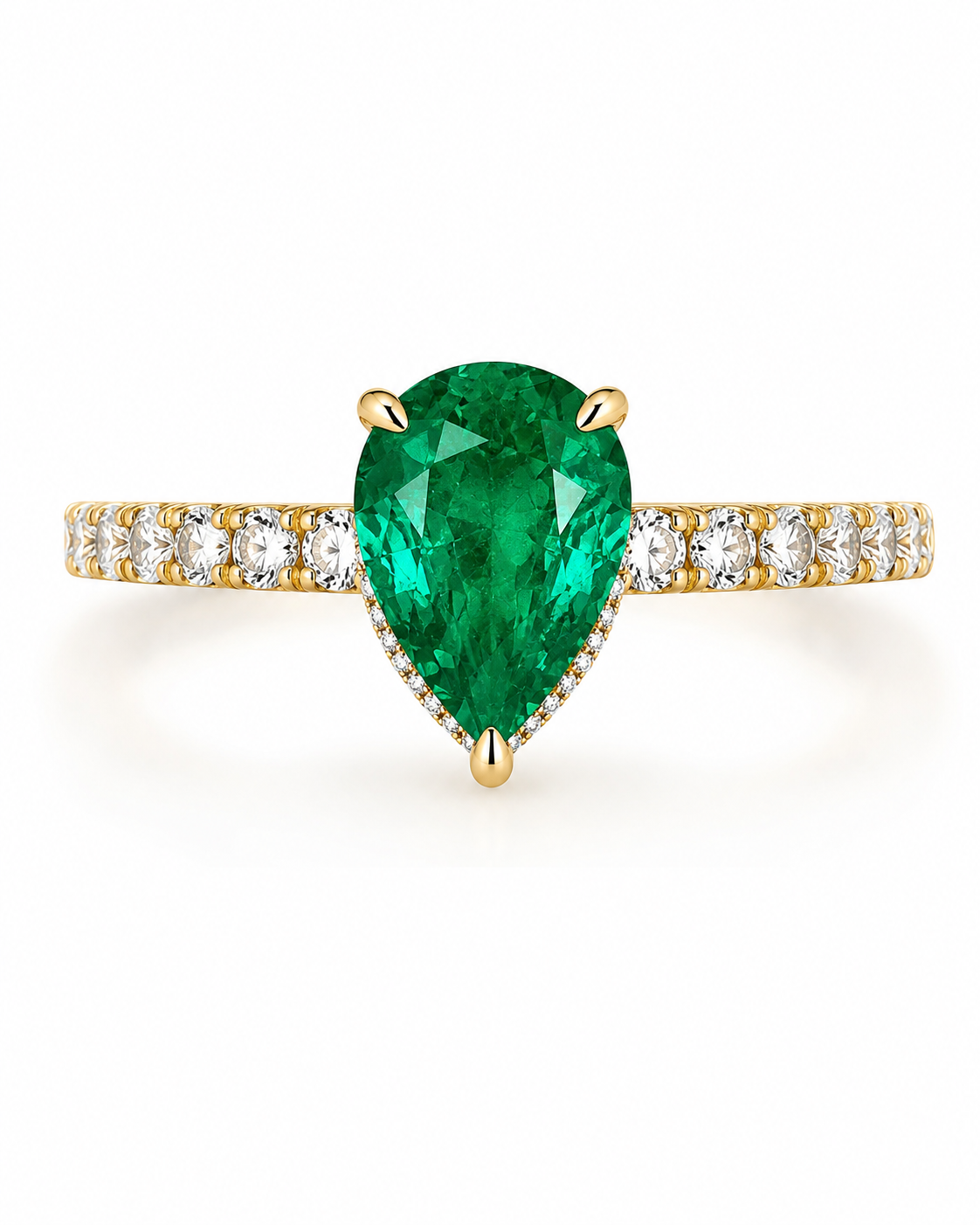 1CT Natural Emerald & Diamond Ring in 14K Gold – Pear Shape Emerald