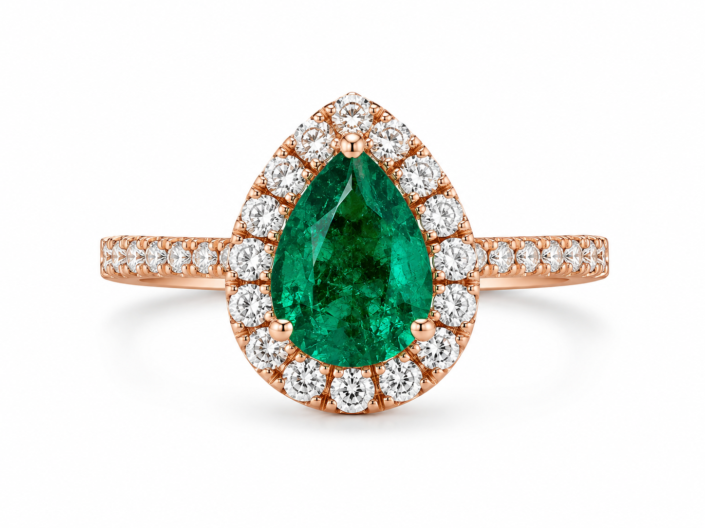 1.00ct Natural Emerald & Diamond Halo Ring in 14K Rose Gold – Pear Shape Emerald