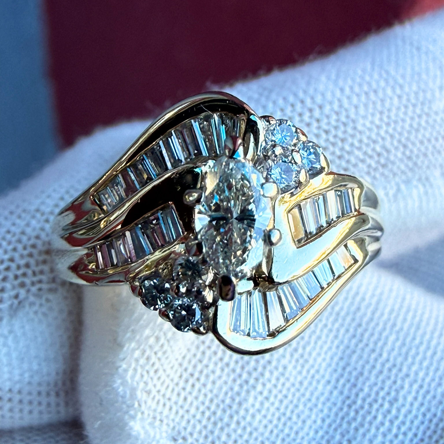 1.00cttw natural marquise diamond bypass ring in 14K yellow gold, top view