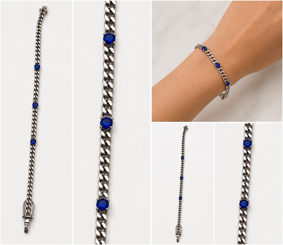 Thumbnail: Silver curb chain bracelet with blue gemstones on wrist