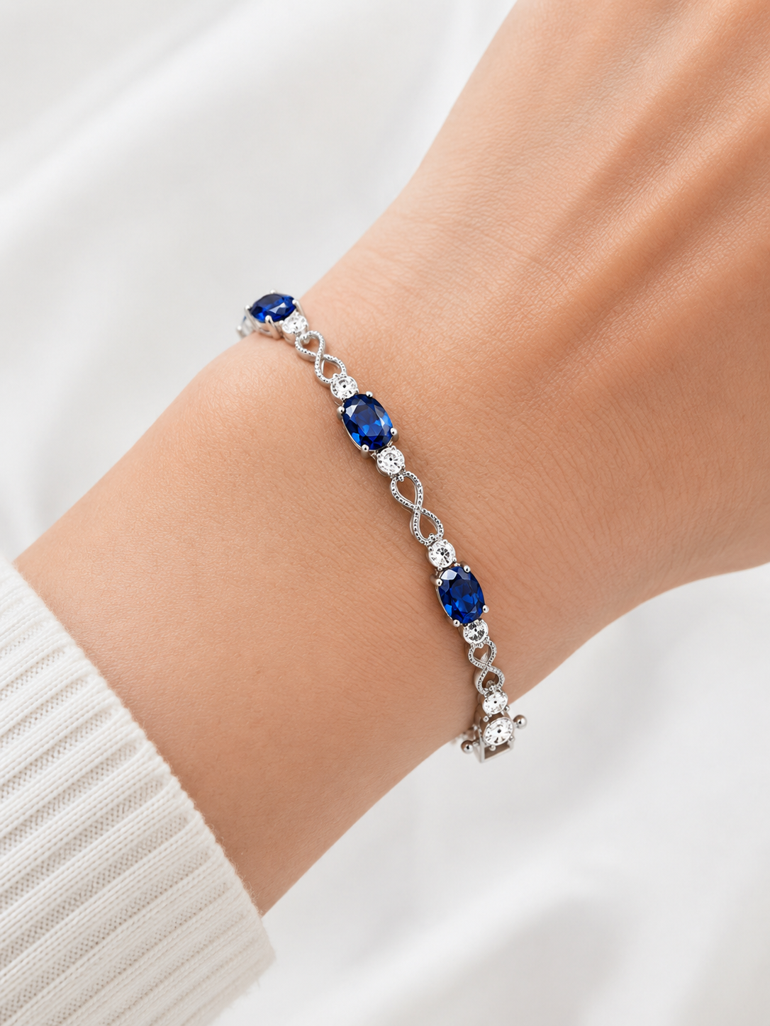 Sterling Silver Oval Blue Sapphire & White Sapphire Infinity Link Bracelet