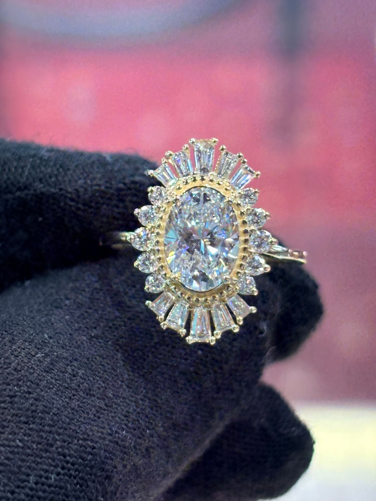 2.00cttw Lab-Grown Oval Diamond Halo Ring | 1.5ct VS F Center | Baguette & Round 10k Yellow