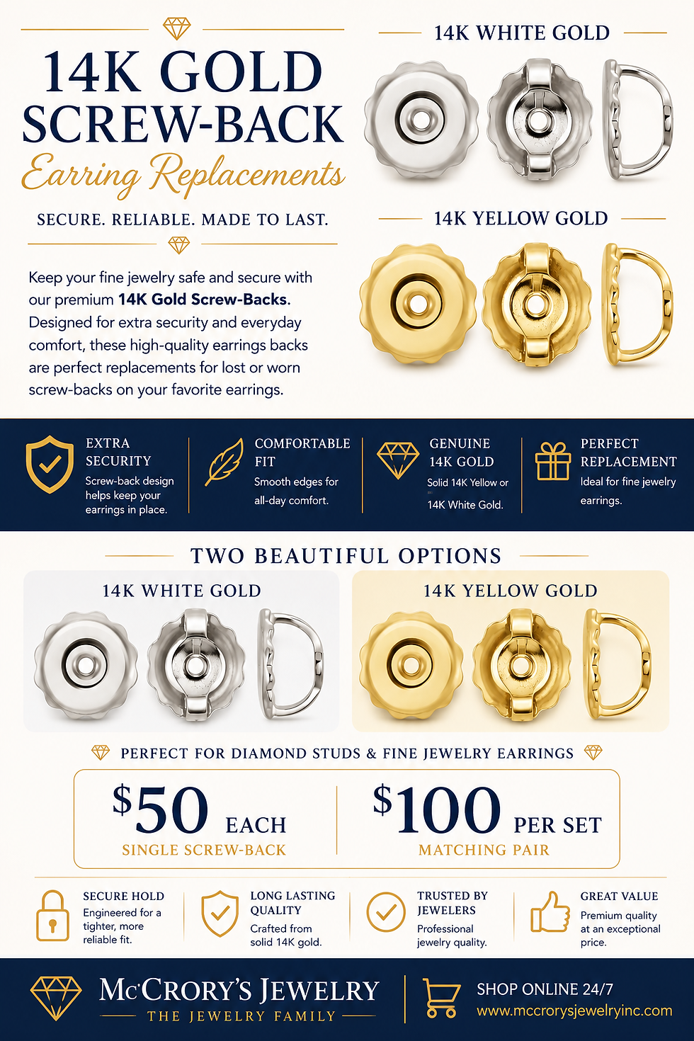 14K white and yellow gold screw-back earring replacements.