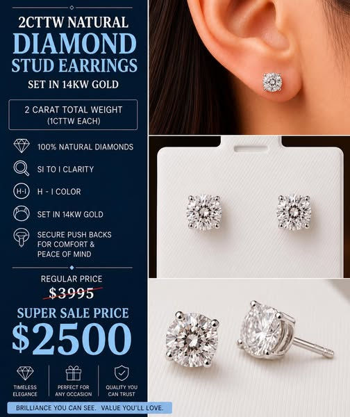 Thumbnail: 2ct Natural Diamond Stud Earrings set in 14K white gold.