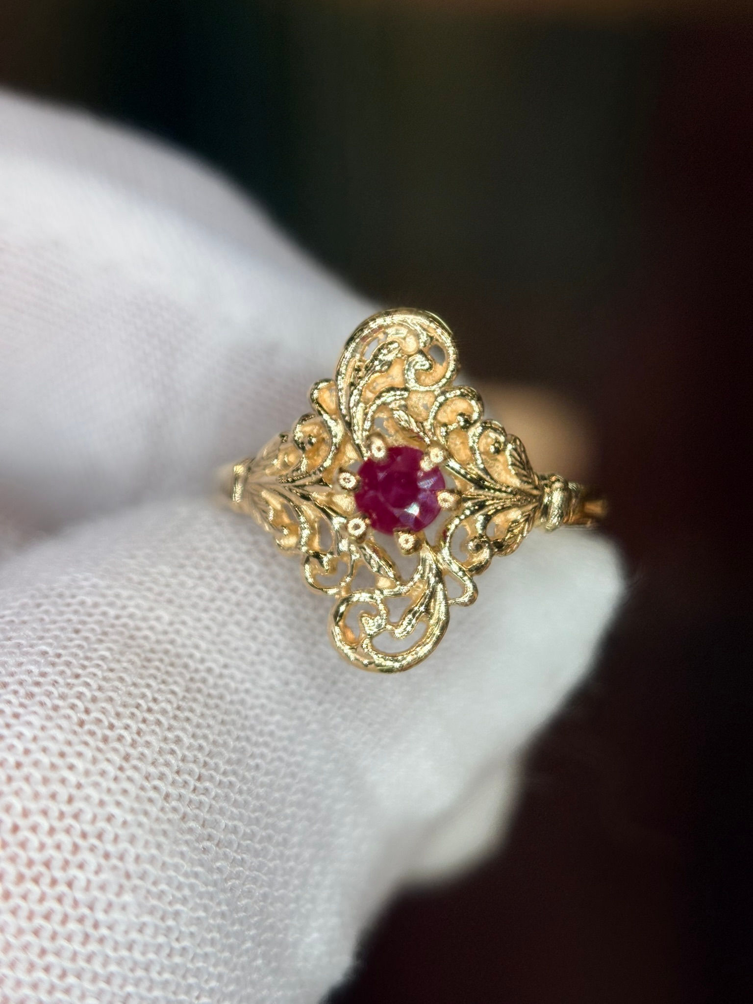 Natural Ruby Filigree Ring | Edwardian–Victorian Revival Style | 10K Yellow Gold