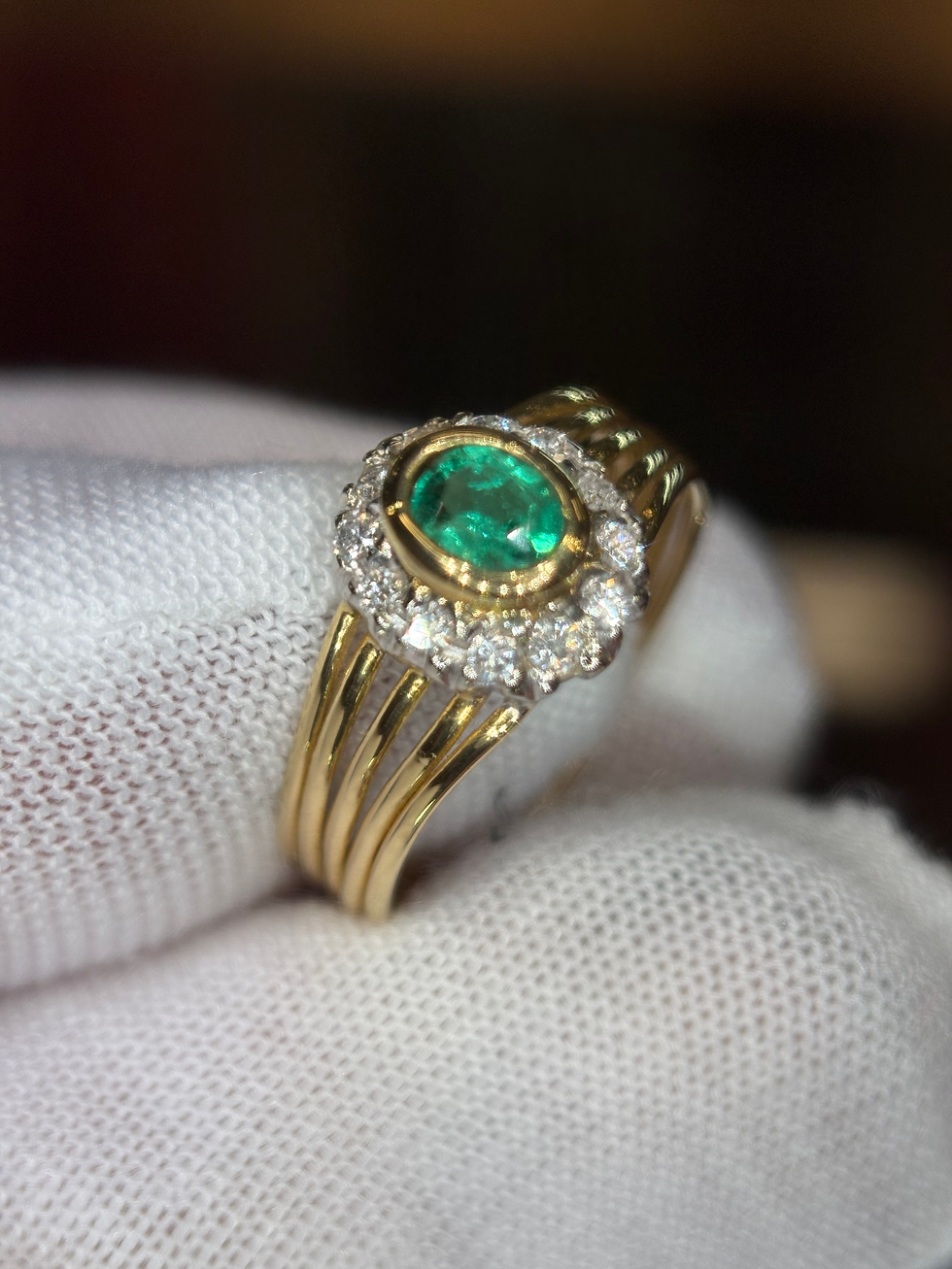 Thumbnail: Gold ring with oval emerald and diamond halo, Item 472