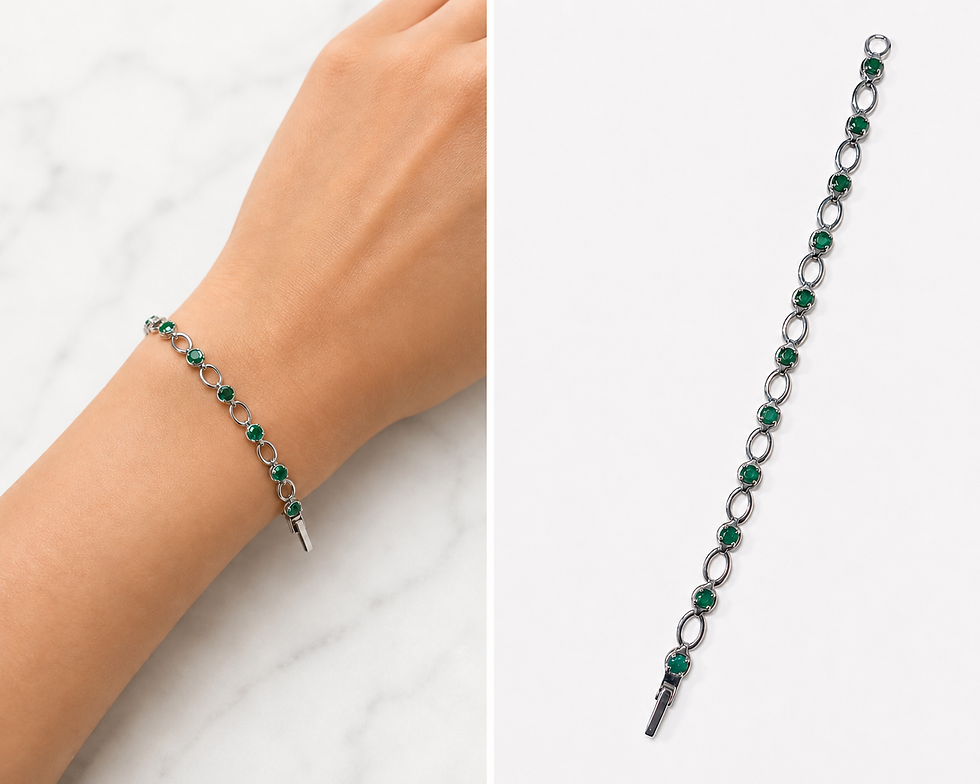 Thumbnail: Silver bracelet with green stones on a wrist and flat lay