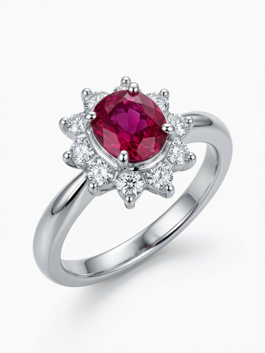 Thumbnail: Silver ring with an oval pink gemstone and diamond halo
