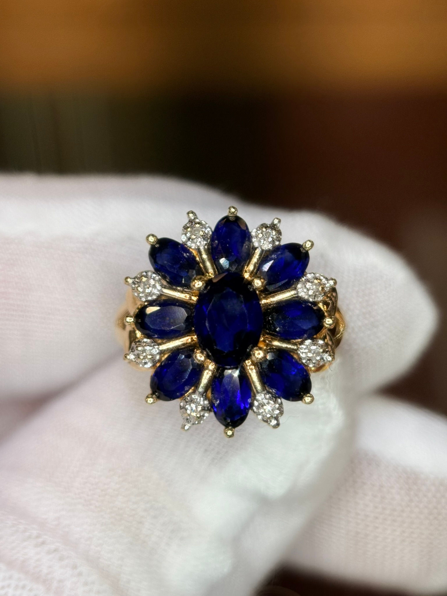 3.00CTTW Sapphire Flower Cluster Ring | Diamond Accents | 10K Gold