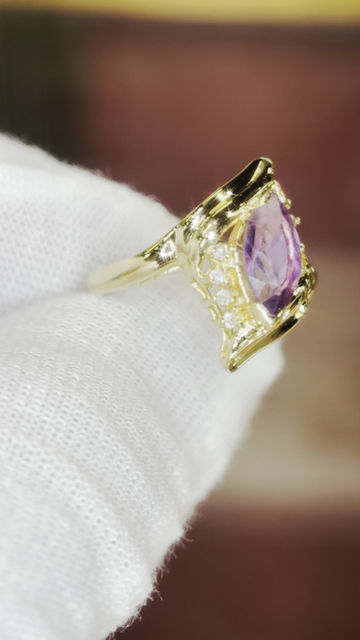 Thumbnail: Natural Amethyst & Diamond Ring in 14K Yellow Gold — 2CT