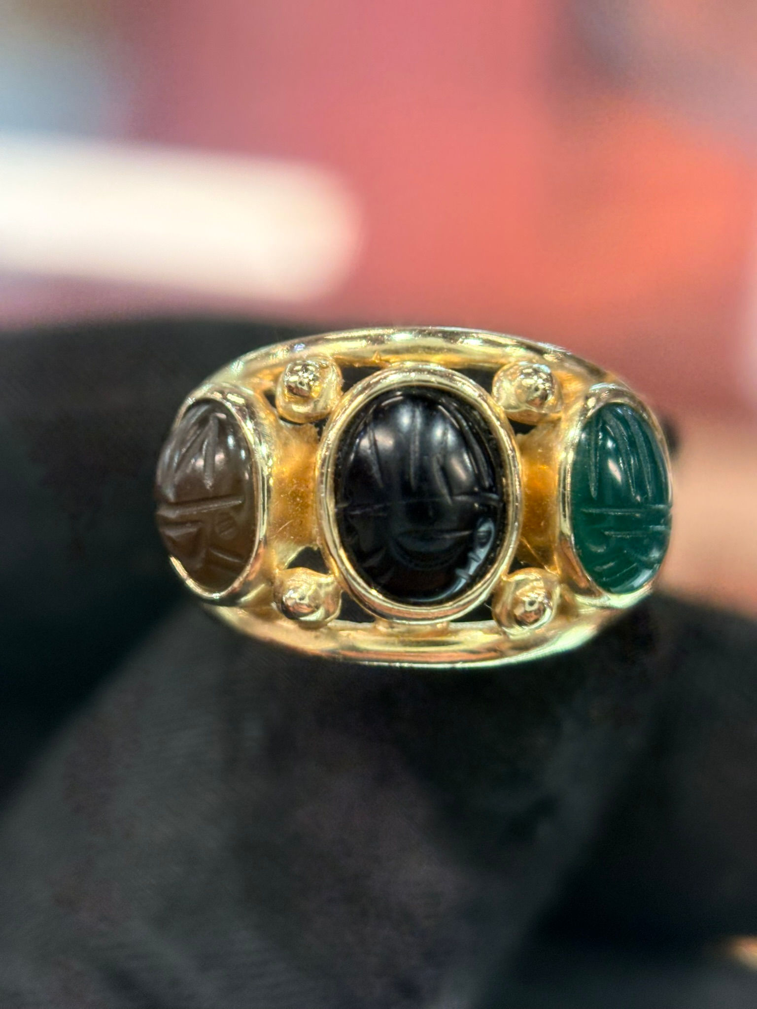 Three-Stone Hand-Carved Cabochon Ring – Amber, Black Onyx & Jade