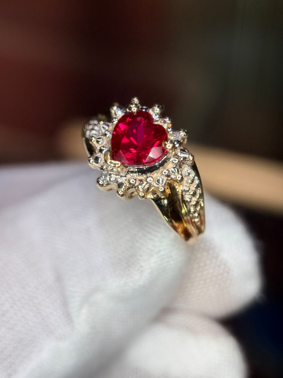 Thumbnail: Heart-shaped red ruby ring in white gold halo setting