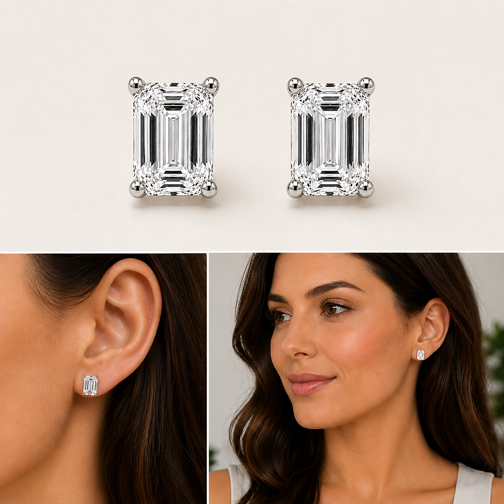 Thumbnail: Emerald cut diamond stud earrings shown individually and worn.