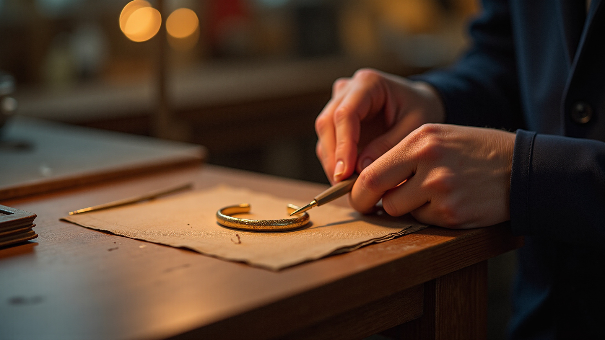 Jeweler's hands working on gold bracelet, detail shot, crafting and jewelry making.