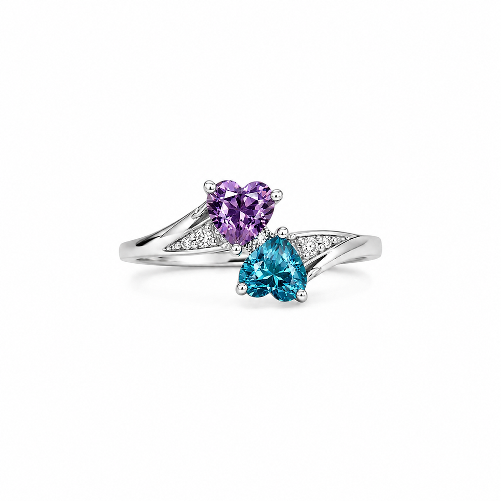 Silver bypass ring with purple and blue heart gemstones
