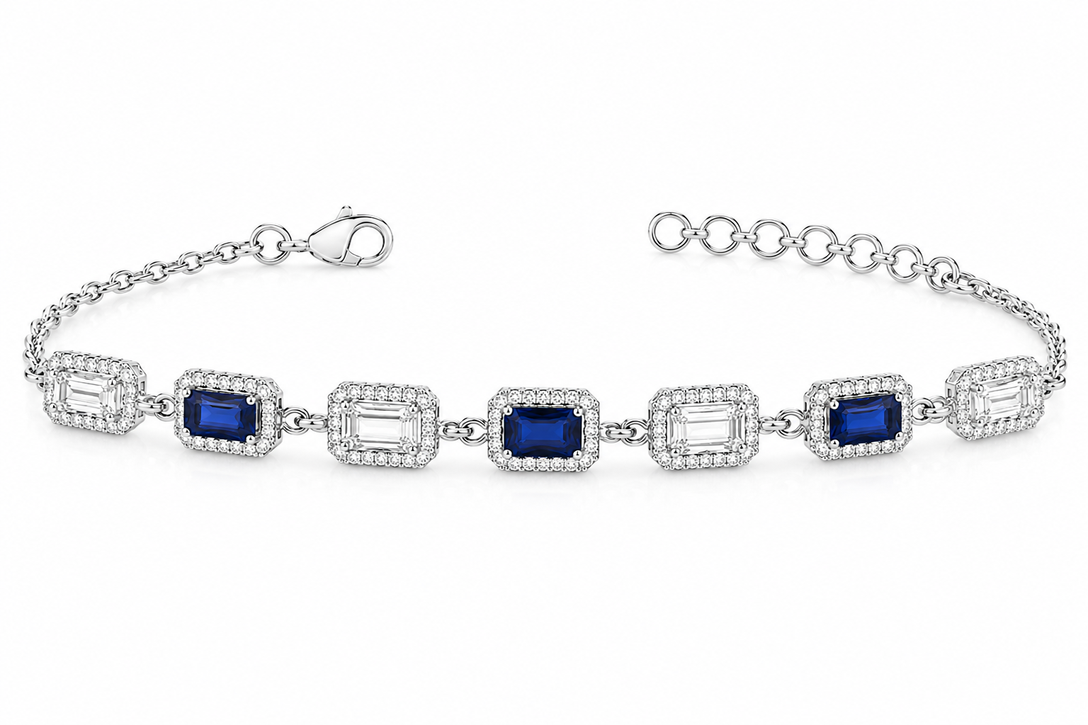 Sterling Silver Blue & White Sapphire Emerald-Cut Bracelet – .925 Sterling