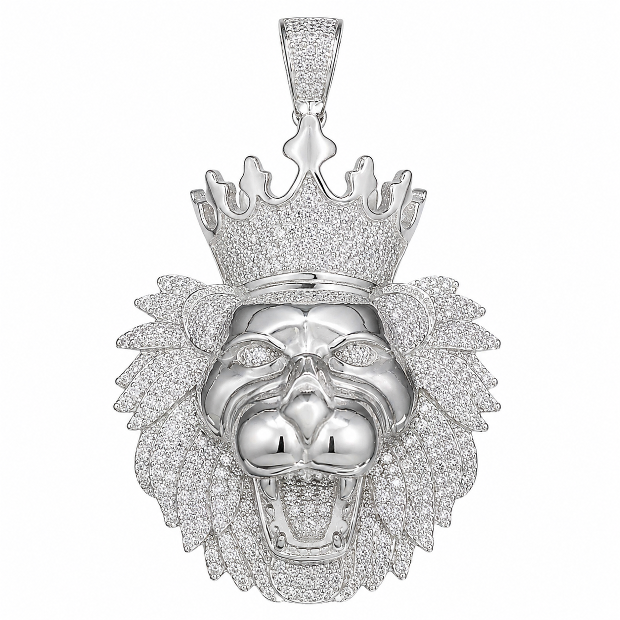 Sterling Silver “King’s Roar” Lion Crown CZ Pendant – Iced Out Statement Piece