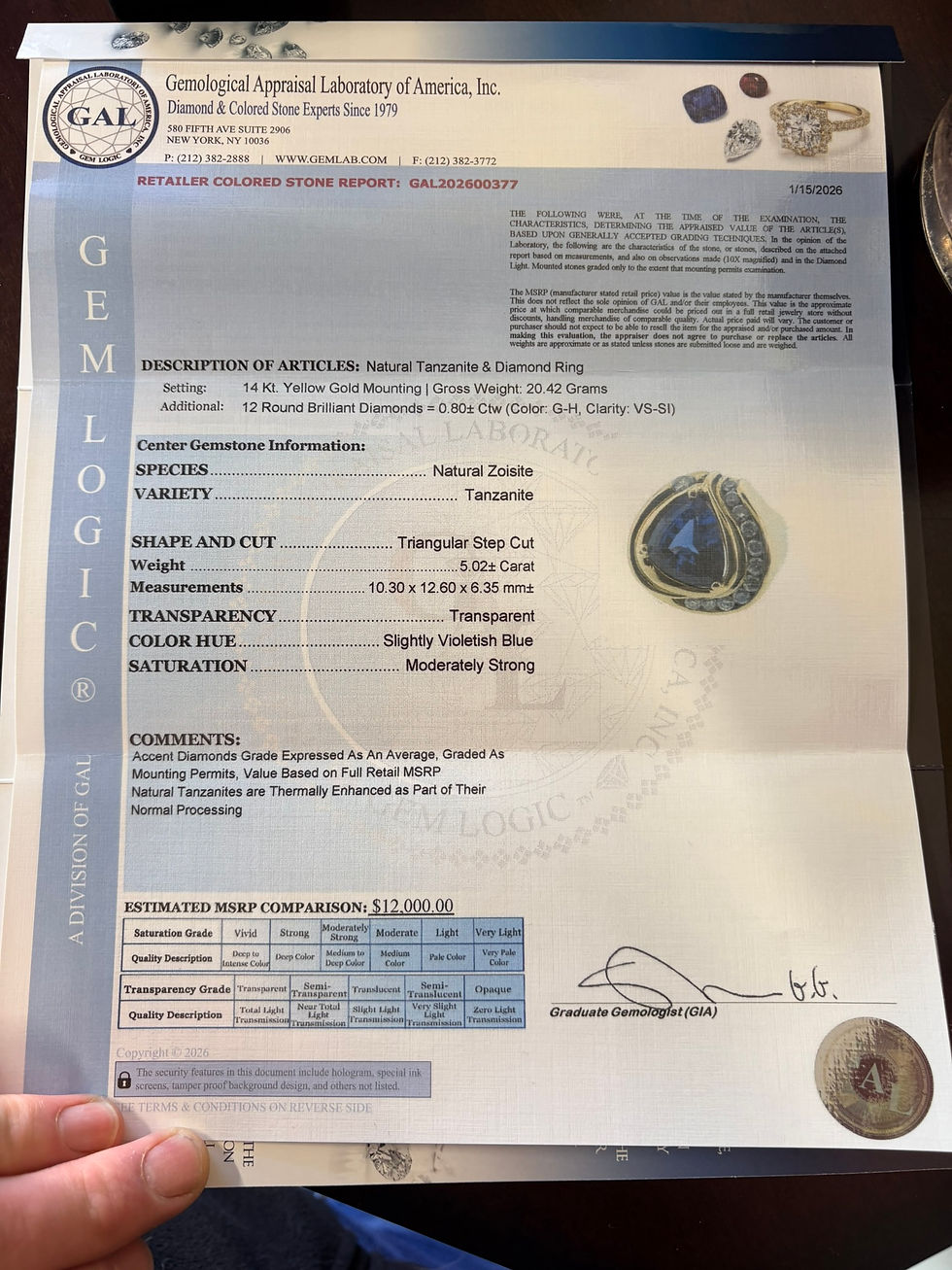 Thumbnail: Gem Logic certificate for Natural Tanzanite & Diamond Ring