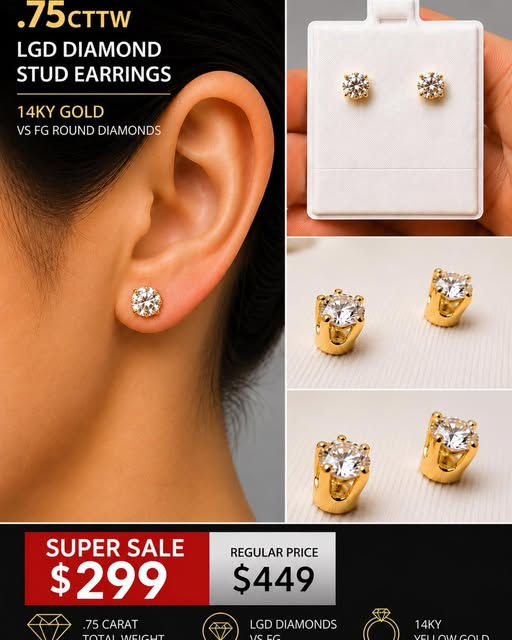 14K gold round diamond stud earrings worn on ear