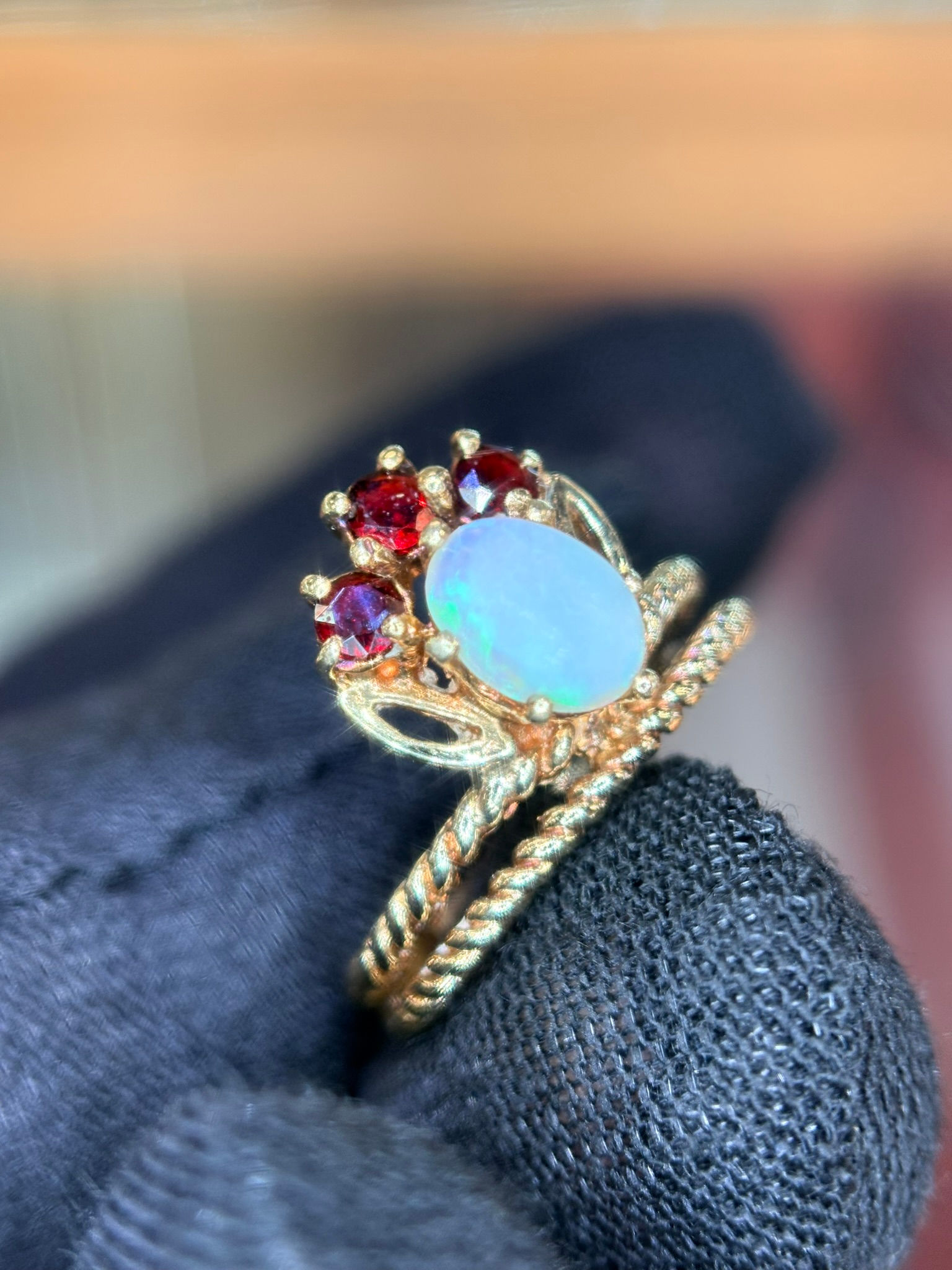 Vintage-Style Opal & Garnet Ring | 14K Yellow Gold | Size 5