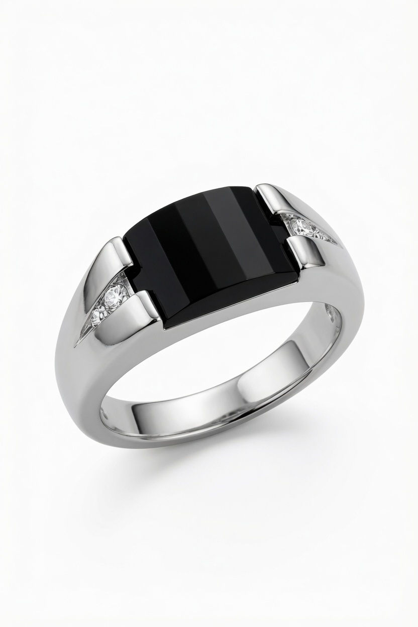 Sterling silver ring with a rectangular black gemstone