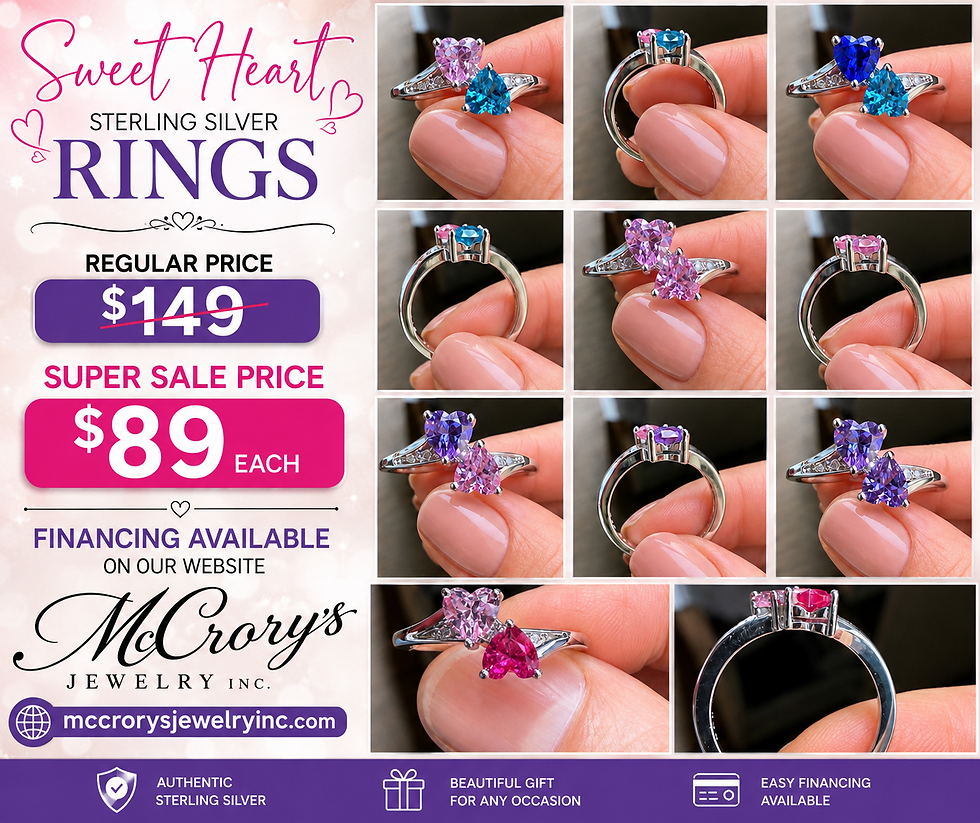 McCrory's Jewelry Sweet Heart Sterling Silver Rings sale flyer featuring heart-shaped gemstone cluster rings.