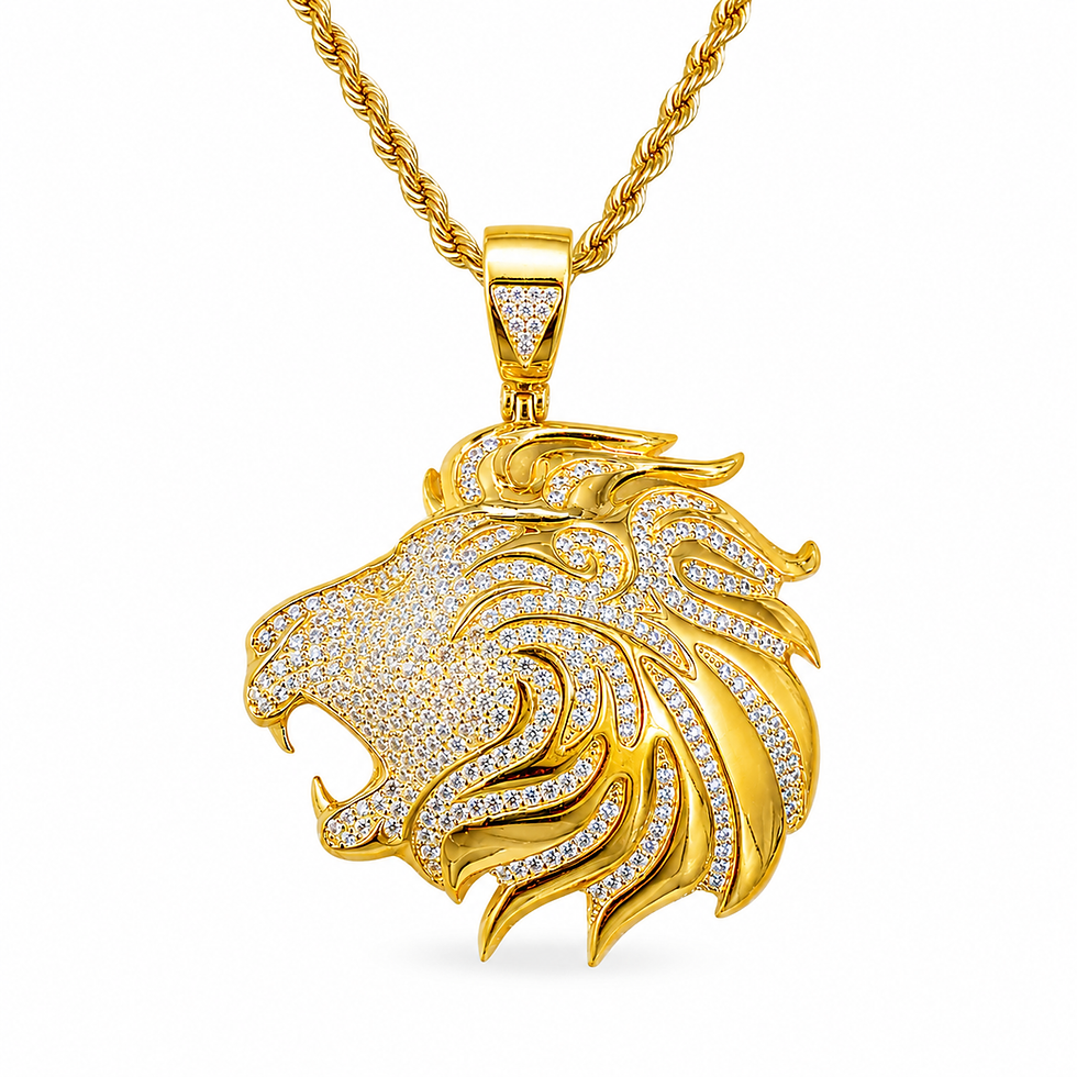 Gold lion head pendant with diamonds on a rope chain
