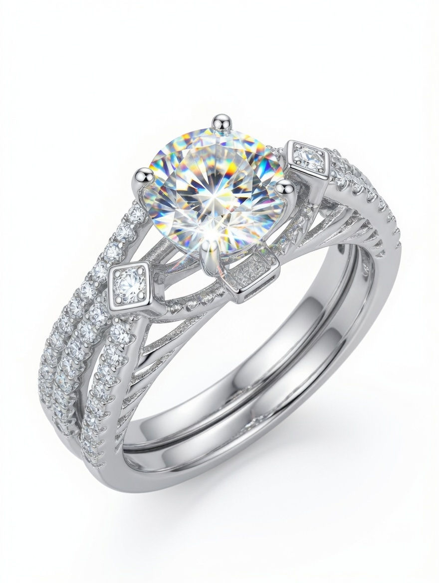 Thumbnail: Round moissanite sterling silver wedding set