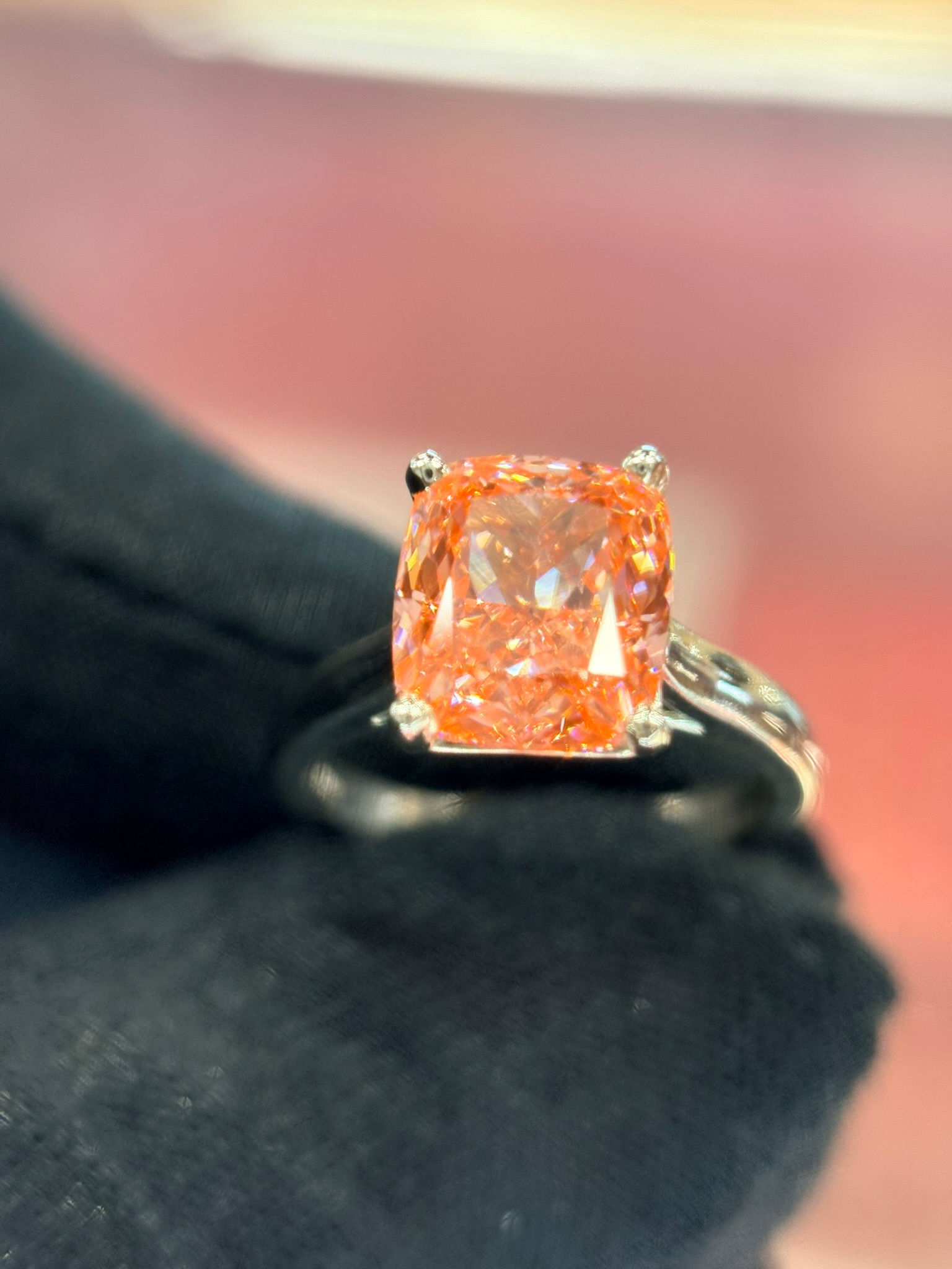 4.03ct VS Intense Vivid Pink Lab-Grown Cushion Cut Diamond Solitaire Ring | 10K