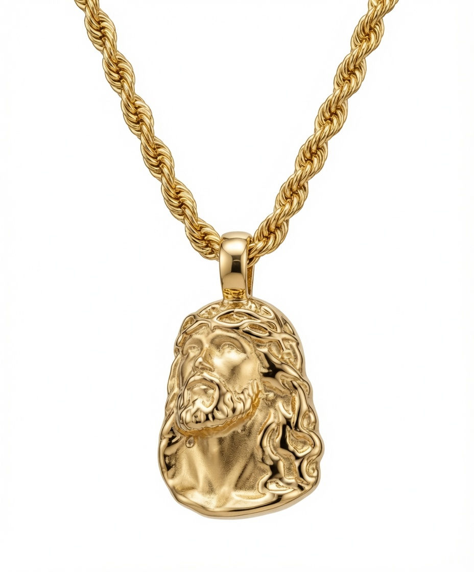 Thumbnail: 14K yellow gold Jesus pendant on a heavy rope chain.