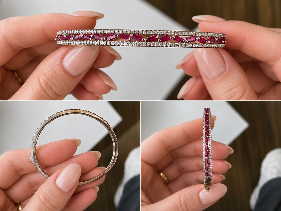 Silver bangle with red stones held by hands in three views