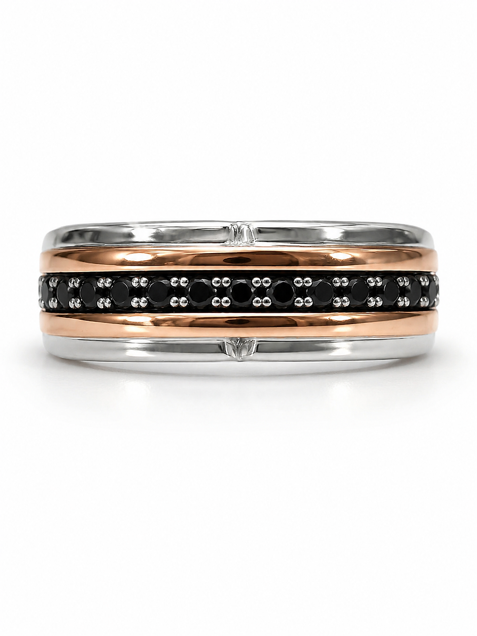 10K two-tone gold tapered band with black diamond prong set