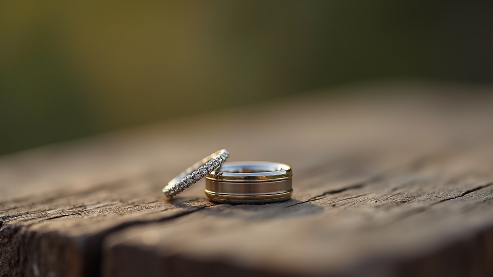 Close-up view of a wedding ring on a rustic wooden surface